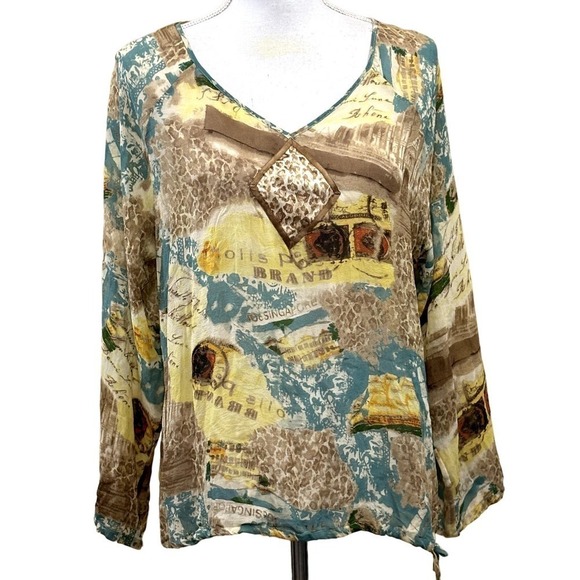 Couture by Cabernet yellow/tan/blue silk tunic, large, tropical, beach, holiday - Picture 1 of 5